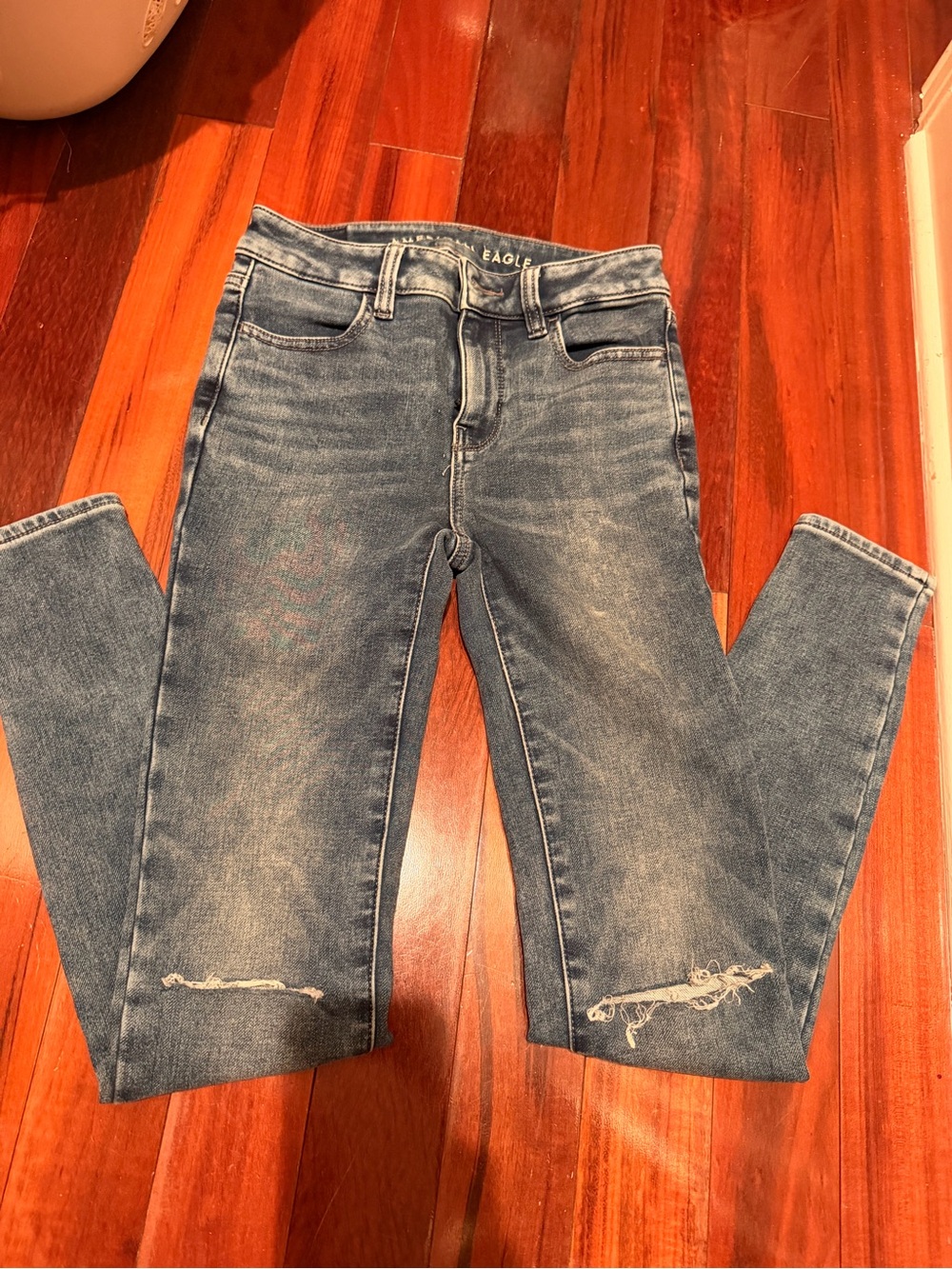 American Eagle Super Stretch Hi-Rise Ripped Skinny Jegging Jeans - Blue Acid US0